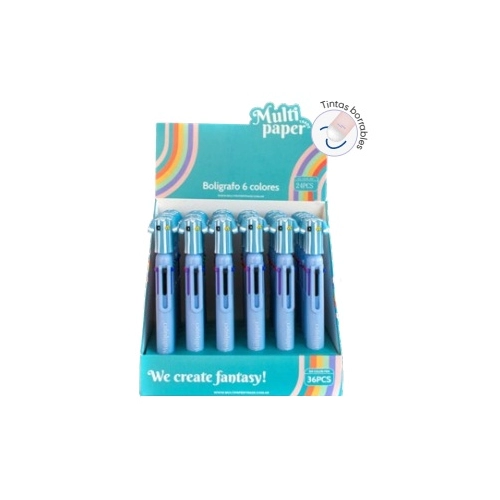 BOLIGRAFO BORRABLE 6 COLORES CELESTE Y BLANCO
