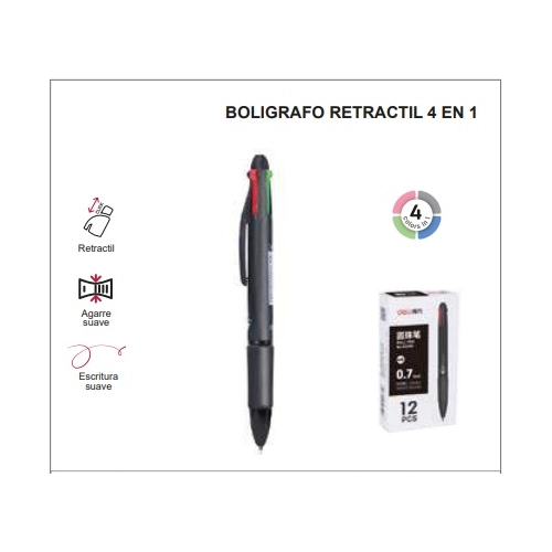 BOLIGRAFO RETRACTIL 0.7mm. 4 EN 1 CON GRIP CUERPO NEGRO